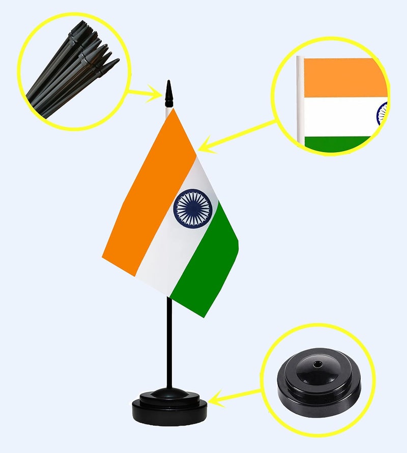 tibijoy India Indian Deluxe Desk Flag Set Small Mini Miniature India Indian Table Desktop Flags With Solid Pole, Black Base and Spear Top(2 Pack) - Image 2